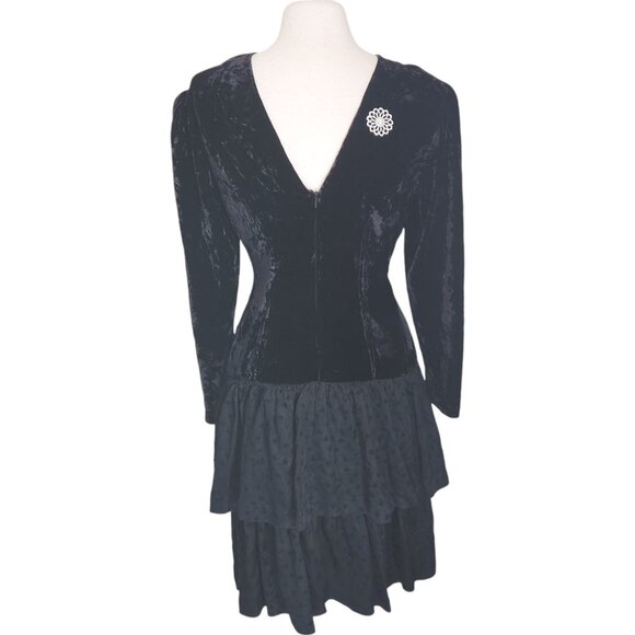 Vtg 80s Witchcore Black Velvet Dress 6 Drop Waist Ruffle Skirt Witchy Grunge - Picture 3 of 16
